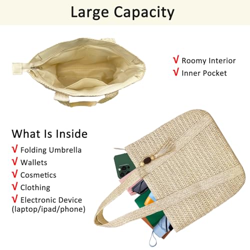 Large Straw Beach Tote Bags For Women Woven Boho Handmade Shoulder Handbags for Summer Vacation Travel with Tassels - color: Beige
