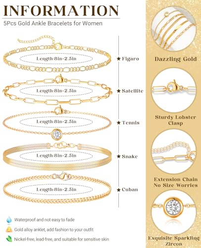 Gold Ankle Bracelets for Women Anklets 14K Plated Waterproof Boho Bead Adjustable Anklet Hawaiian Summer Foot Jewelry Women Beach Fashion Gifts