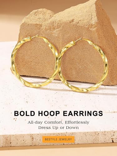 Bestyle 5mm Thick Gold Hoop Earrings Hypoallergenic Hoops for Sensitive Ears Trendy Lightweight Chunky Earrings for Women 30/40/60/80mm - color: 02-Gold, size: 60mm