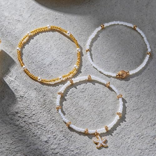 Boho Multilayer Anklet for Women Beach Shell Starfish Pearl Beaded Ankle Bracelets Adjustable Waterproof Summer Foot Chain Jewelry - color: White starfish