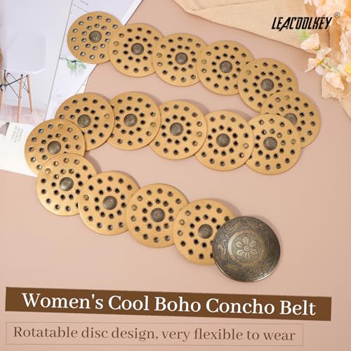 LEACOOLKEY Women's Boho Disc Belt Wide Western Leather Belt Vintage Concho Waist Belts for Dress Jeans - color: A-gold, size: Fits 40"–45" (Waist/Hips), style: Style a