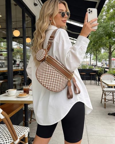 Valentoria Large Woven Leather Crossbody Bags for Women Checkered Bum Bag Sling Bag Purse Adjustable Strap Detachable Wallet | Woven - color: Brown&white Checkered