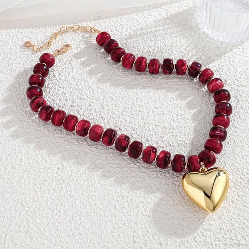 WOWORAMA Chunky Heart Necklaces for Women Colorful Resin Beaded Choker Necklace Gold Puffy Heart Statement Necklace Trendy Acrylic Choker Jewelry - color: Wine-Red
