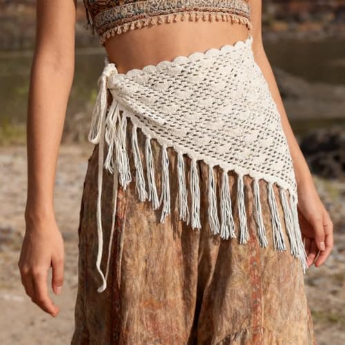 Women Y2K Lace Fringe Hip Scarf Boho Triangle Tassel Waist Cover Up Skirt Wrap Sheer Tie Belt Aesthetic Streetwear - color: G White