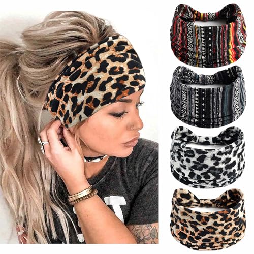Boho Headbands For Women Wide Head Bands Fashion Leopard Turban Headband Knotted Head Wraps Non Slip Sweatbands Workout Bandanas Hairbands Elastic Hair Scarf Cotton Accessories For Teen Girls - color: Style 87