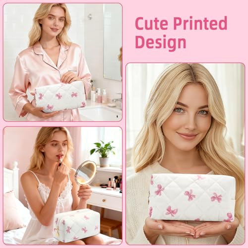 Small Makeup Bag Quilted Cosmetic Bag Floral Travel Toiletry Bags for Women Cute Pencil Case Quilted Makeup Pouch Aesthetic Coquette Cosmetic Pouch Cotton Make Up Bags Cute Zipper Pouches White - color: Ae-pink bow