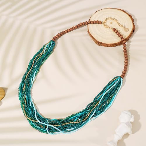 Coiris Chunky Statement Necklaces for Women Boho Multi Long Layered Strand Beaded Necklace for Women Handmade Crystal Beach Jewelry Gift - color: Green
