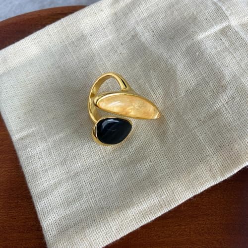 Asymmetry Black Agate Ring for Women Minimalist Open Wrap Thumb Band Gold-Tone Plated Adjustable Promise Rings Comfort Fit Wedding Fashion Unique Statement Eternity Jewelry