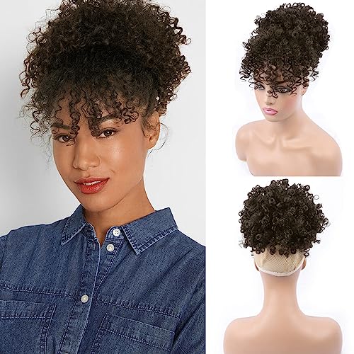 Drawstring Ponytail with Bangs Afro Puff Extensions for Women Short Curly Clip in Wrap Updo Hairpiece(2B) - color: 4#