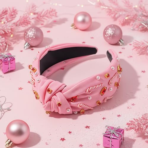PANTIDE Christmas Jeweled Knotted Headband - Xmas Candy Cane Rhinestone Crystal Pearl Embellished Headband None Slip Wide Top Knot Fashion Hairband Hair Accessories Birthday Gift for Women Girl (Pink) - color: Pink Christmas Candy Cane