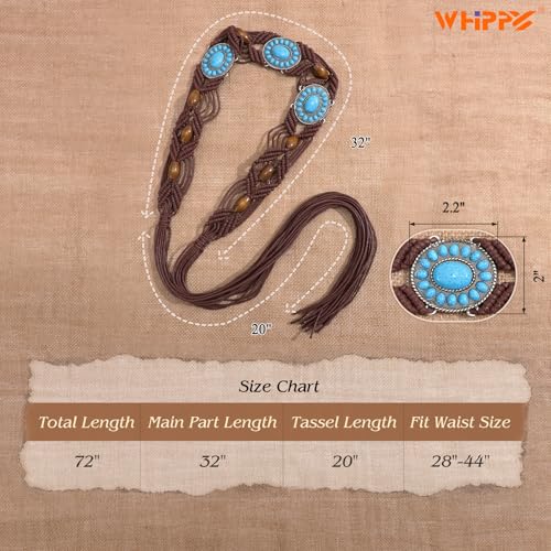 WHIPPY Boho Turquoise Belt for Women Wax Rope Braided Waist Belt Western Hand-Woven Bead Tassel Belts for Dress, 2” Wide - color: Coffee