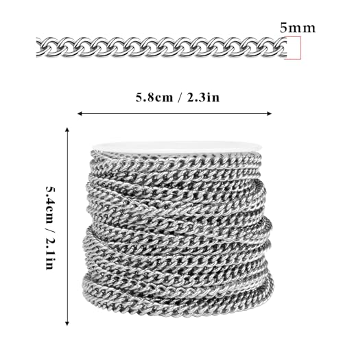 33FT Stainless Steel Curb Chain Roll, 5mm 304 Stainless Steel Flat Twisted Links Curb Chains Bulk Spool for Jewelry Making Necklace DIY Craft - color: Stainless Steel, size: 5.0mm width