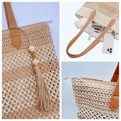 Aphoraeny Straw Beach Bag Buckets Totes Handbag Shoulder Tote Bag Straw Purse Summer Purse Women Summer Handbag - color: B-brown Stripes