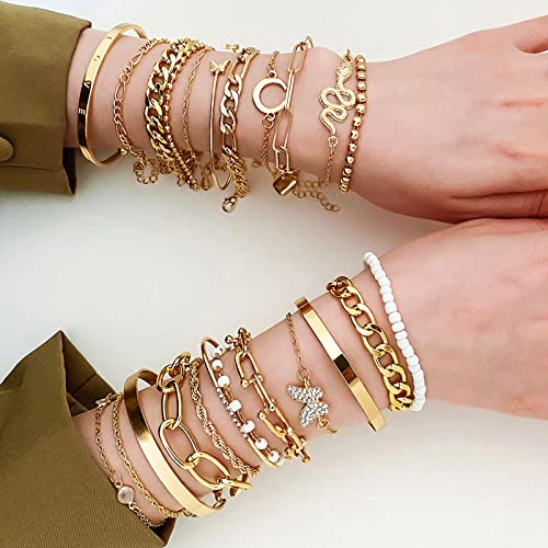 17IF 24-25 Pcs (6 Pack) 14K Gold Ankle Bracelets Set for Women Boho Stackable Bangles Cuff Charm Chunky Wrist Jewelry