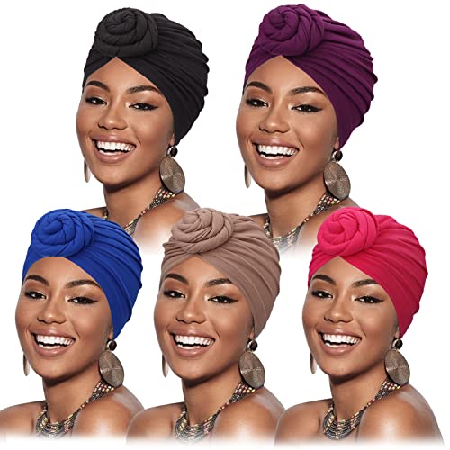 DRESHOW 5 Pack Knotted Headwraps for Women African Turban Pre-Knotted Beanie Headwraps Hair Covers - color: 5 Pack Donuts: Black, Purple, Royal Blue, Khaki, Rose