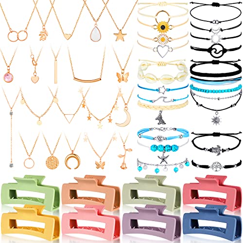 49 Pcs Boho Jewelry Set for Women, Surfer Wave Friendship Bracelets Layered Necklace Hair Clip, Summer Beach Gift - style: Vintage