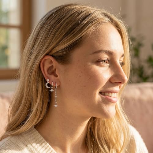 6 Pcs/6 Pairs Hypoallergenic 925 Sterling Silver Stud Post 14K Gold Earrings for Women Moon Star Hoop Stackable Cubic Zirconia Chain Dangle Earring Set Stacks for Multiple Piercings - color: Silver Moon Star