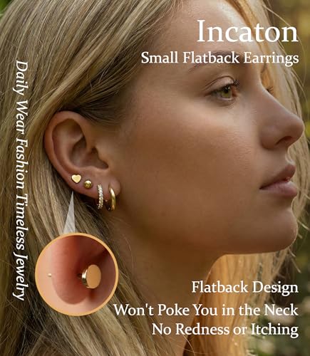 Incaton Hypoallergenic Flat Back Earrings for Women Silver 14K Gold Plated Surgical Stainless Steel Stud Earrings Cubic Zirconia Cartilage Studs Earrings For Multiple Piercing Sensitive Ears - color: 2-GOLD