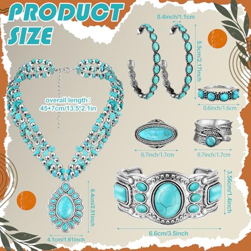 Ecally Bohemian Western Jewelry Turquoise Set Women Country Pendant Long Choker Layered Bracelets Earrings Ring for Women - color: Turquoise, style: Rustic