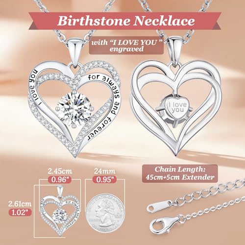 CDE Engraved Forever Love Heart Birthstone Necklace Jewelry Gifts for Women | Hypoallergenic,Nickel-Free & Lead-Free,3 x 3 mm 5A CZ Heart Pendant,Anniversary Christmas Birthday Gift for Girlfriend Wife - color: Birthstone-04-Apr, style: Rhodium Plated-Bra