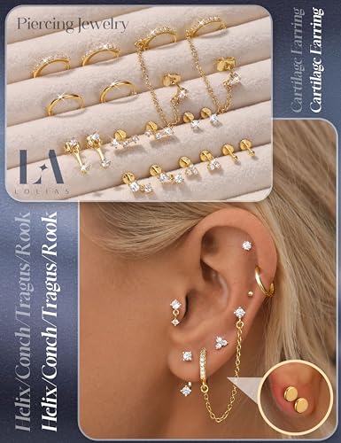 LOLIAS 16G/18G/20G Flat Back Earrings for Women Threadless Surgical Steel Stud Hoop Earrings Push in Nose Studs Hypoallergenic CZ Cartilage Earring Set Labret Helix Tragus Conch Piercing Jewelry - color: 14K Gold, size: 20G(0.8MM)-CZ