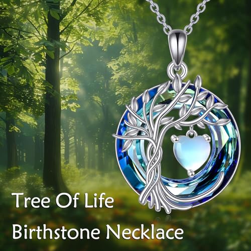 POPLYKE Mothers Day Gifts for Mom Her Wife Tree of Life Necklace 925 Sterling Silver Birthstone Pendant with Crystal Anniversary Birthday Wedding Jewelry for Women - color: 06-Jun-Moonstone, style: White Gold Plated-Blue Crystal