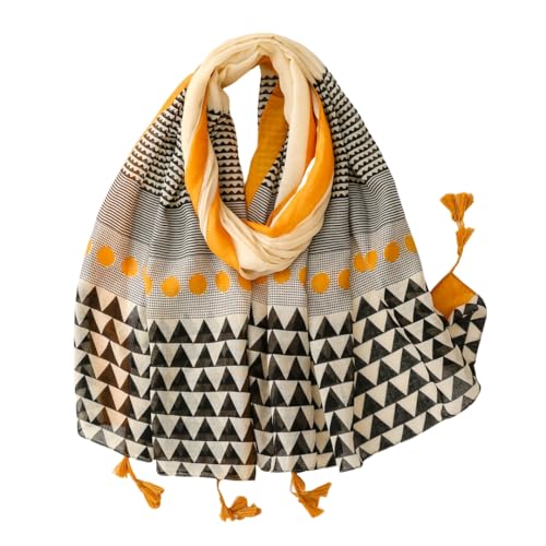 WaJuemy Travel Boho Scarf for Women Casual Lightweight Pashmina Scarves Fashion Multicolor Shawl Wraps with Fringed Beads - color: 01c Yellow Plaid