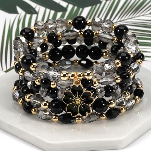coadipress 5Pcs Bohemian Flower Stackable Bead Bracelets for Women Multilayer Crystal Glass Beaded Charm Bangles Bracelet Boho Summer Beach Hawaii Holiday Statement Jewelry - color: Black