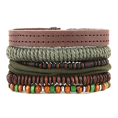 HZMAN Wrap Bracelets Men Women, Hemp Cords Wood Beads Ethnic Tribal Bracelets, Leather Wristbands - style: Wooden Beaded