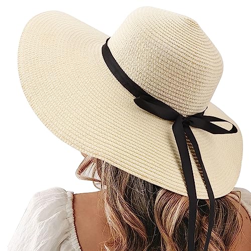 DRESHOW Beach Hats for Women Big Straw Wide Brim Summer Hat Floppy Foldable Roll up Cap Sun Hat UPF 50+ - color: Ada Beige 5.9" Brim, 1 Pack