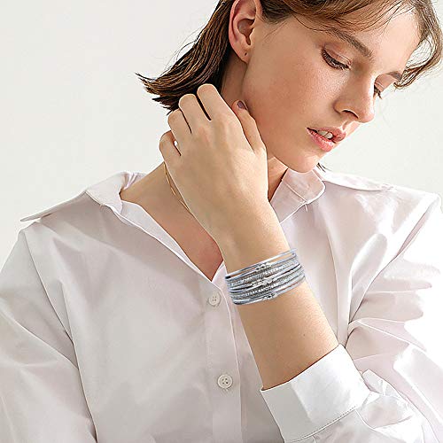 Leather Wrap Bracelet Set 3Pack Wrist Cuff Bracelet for Women Multilayer Magnetic Clasp Bracelet Feather Tree Bead Crystal Bracelet - color: Grey Crystal