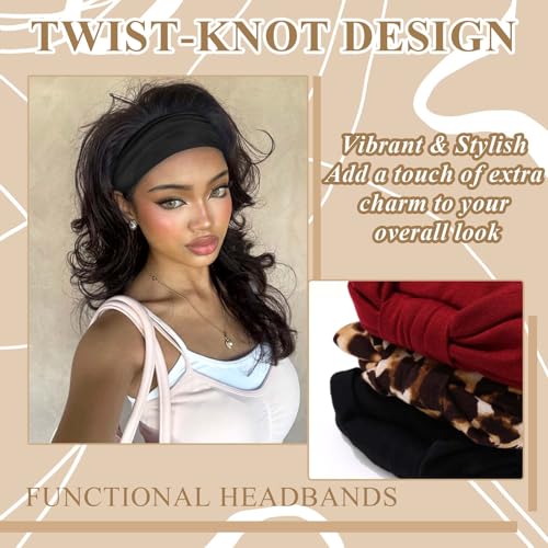 Wide Headband Boho Head Bands For Women's Hair Band Burgundy Black Head Wraps Leopard Turban Knotted Headband Non Slip Sweatband Soft Hair Scarf Headbands 3 Pcs - color: Style 146
