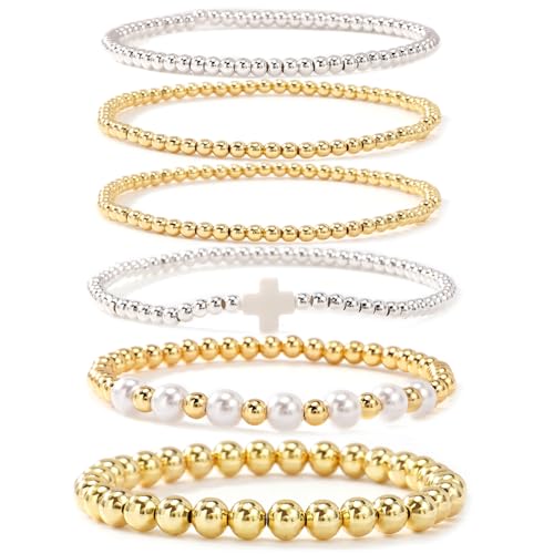Silver Gold Beaded Bracelets for Women Stackable 14K Gold Plated Beads Ball Cross Bracelet Stack Non Tarnish Elastic Stretch Trendy Jewelry Christian Friendship Christmas Gifts for Women - color: 6pcs-White Cross