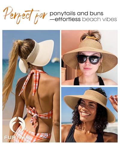 Womens Sun Visor Hats Wide Brim Straw Beach Hat UV Protection Ponytail Packable Beach Vacation Essentials - color: Khaki