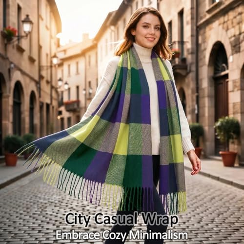 Loritta Womens Scarf Fashion Long Plaid Shawls Wraps Big Grid Winter Warm Lattice Large Scarves Gifts - color: D-blue Green Lattice