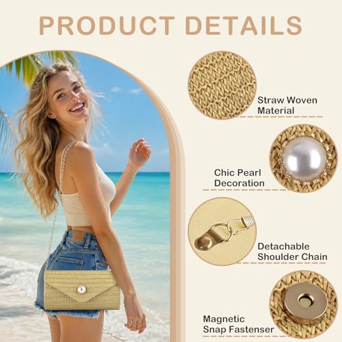 PACETAP Straw Clutch Purse for Women, Pearl Decoration Boho Crossbody Bags, Evening Clutch Purses Handbags for Wedding Party Cocktail Prom Dinner(Light brown) - color: Straw Light Brown