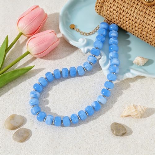 Chunky Colorful Beaded Necklaces for Women Big Bead Boho Choker Necklace Trendy Heart Statement Necklace Summer Beach Jewelry Mothers Day Gifts for Mom Daughter - color: Round Sky-blue Beads
