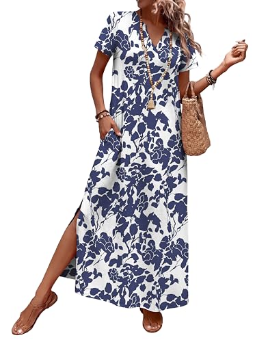 OFEEFAN Summer Dresses for Women 2026 Maxi Dress Short Sleeve Sundresses with Pockets Beach Vacation Spring Outfits - color: Floral Blue, size: Small