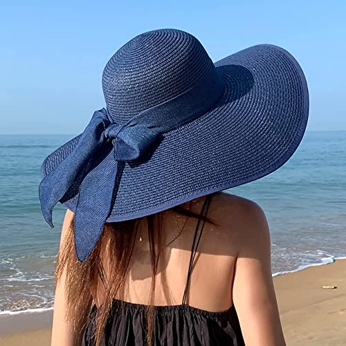 DRESHOW Beach Hats for Women Big Straw Wide Brim Summer Hat Floppy Foldable Roll up Cap Sun Hat UPF 50+ - color: Big Bow / Navy 5.9" Brim, 1 Pack