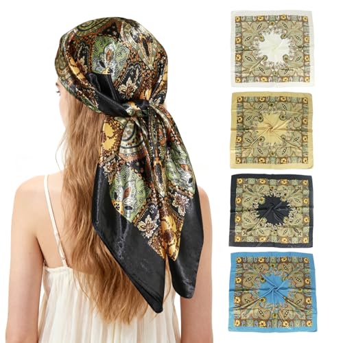 Ciormis 35" Silk Head Scarf for Women, 4 Pcs Satin Hair Scarf Square Silk Bandana Top Neck Scarves Hair Wraps for Sleeping - color: A1-cashew-set14