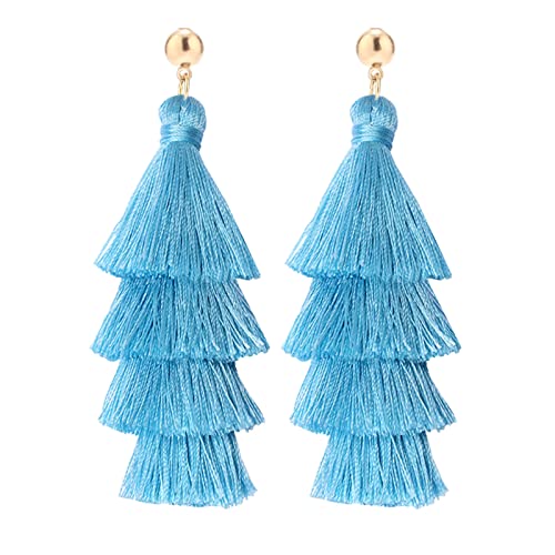 BaubleStar Tassel Earrings Handmade Tiered Thread Tassel Dangle Earrings, Multi Colors - color: Sky Blue
