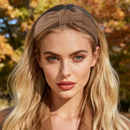 Ondder Top Knot Headband for Women Brown Fabric Non Slip Fashion Wide Knotted Headbands Hair Accessories for Women Girls - color: Brown