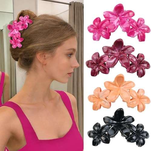 4Pcs Cute Hawaiian Flower Claw Hair Clips for Women Black Burgundy Large Claw Clips for Thick Thin Hair Strong Hold Beach Hair Accessories for Women and Girls - color: 03-Colorful