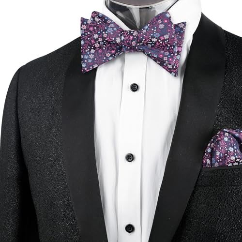 Alizeal Mens 2pcs Classic Floral Pattern Self-tied Bow Tie and Handkerchief Set - color: 045-magenta+blue