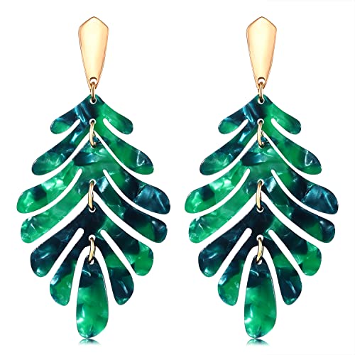 ARATLENCH Acrylic Pendant necklace Earrings – Long Statement Leaf Charm Necklace Tortoise Resin Palm Leaf Earrings Fashion Necklaces Earrings for Women - color: green-earrings