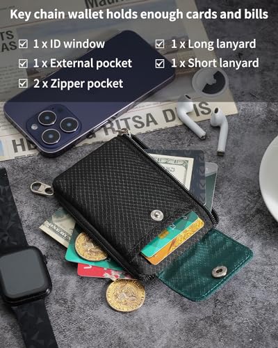 Artpaxy Minimalist Wallet For Mens Womens, Keychain RFID Blocking Zipper Small Wallet with ID Window 2 Lanyards,Water Resistant Travel Cash Card Coin Case Boys Girls - color: Green Black, style: Casual