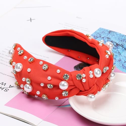 WantGor Pearl Knotted Headband, Women Rhinestone Embellished Hairband Elegant Wide Top Knot Bride Headbands Headpieces Party Fashion Elegant Ladies Hair Band Hair Hoop Accessories (Red) - color: Red