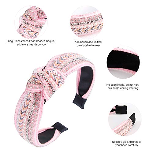 TOBATOBA Knotted Headbands for Women, 3 Pack Rhinestones Pearl Beaded Headbands, Top Knot Boho Head bands, Wide Turban Crystal Pearl Sequin Head bands, Vintage Non Slip Diamond Beaded Bling Hair Band - color: Color 1