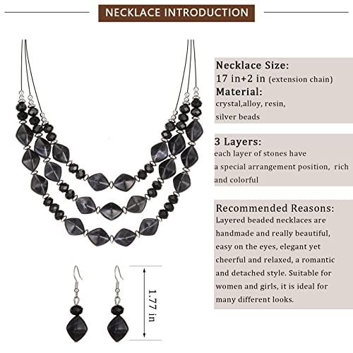 3 Layered Chunky Statement Necklace for Women Beaded Strand Necklaces with Earring Fashion Costumes Collar Necklace Jewelry Sets Gifts for Women - color: Black