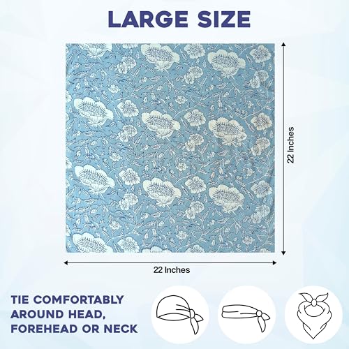 AVKA Studio 100% Cotton Bandanas for Women & Men, 2 Pack 20x20 Inch, 22x22 inch Hand Printed, Lightweight Cotton Handkerchief - color: Grayish Blue, size: 22 x 22 Inches Large